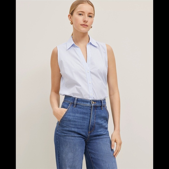 Ann Taylor Collared Split Neck Striped Sleeveless Shirt - Picture 3 of 16